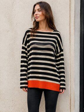Lou & Grey Women's Black White Tan Orange Striped Long Sleeve Sweater Top Size L